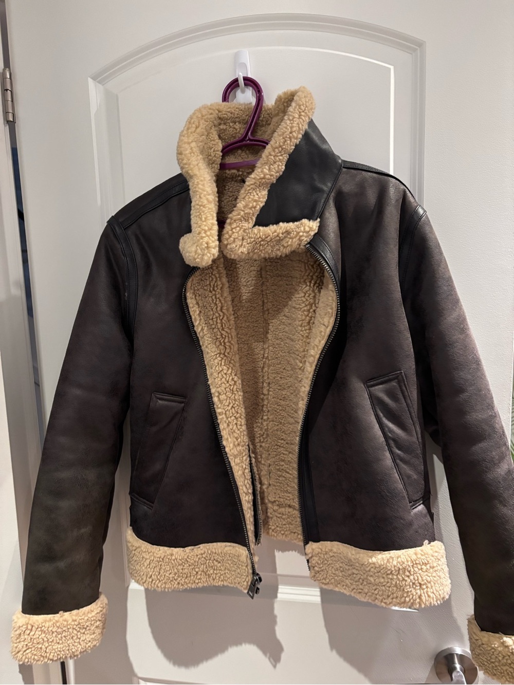 Women Dark Brown Shearling Aviator Jacket with Tan Sherpa Lining